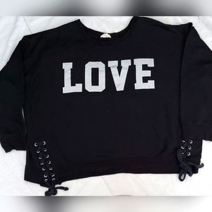 Black Sweatshirt with love in sliver with cross ties on the side